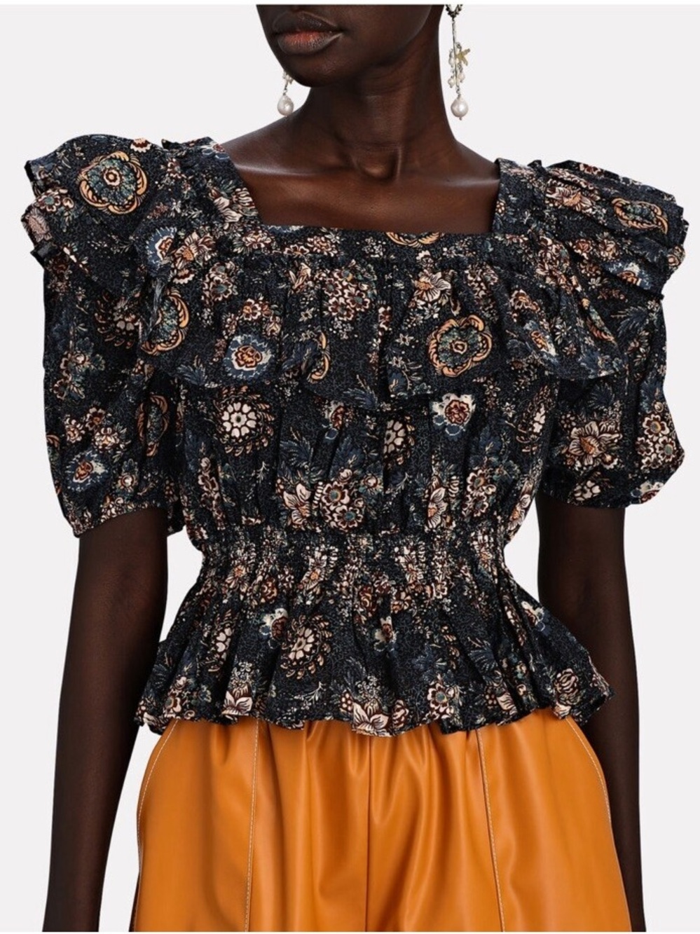 Ulla Johnson Warner Square Neck Ruffle Peplum Cotton Blouse Navy